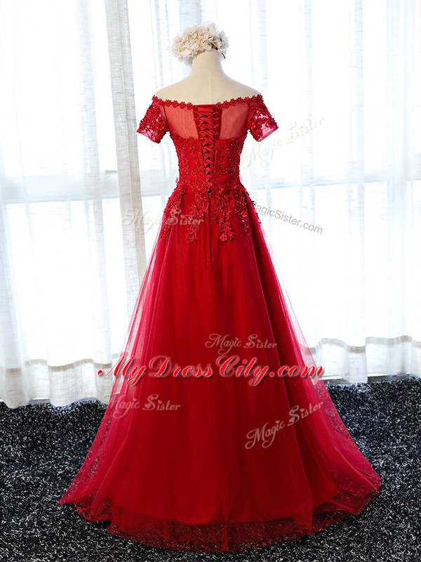 Pretty Floor Length Lace Up Dress for Prom Wine Red for Prom and Party and Military Ball and Sweet 16 with Beading and Lace and Appliques