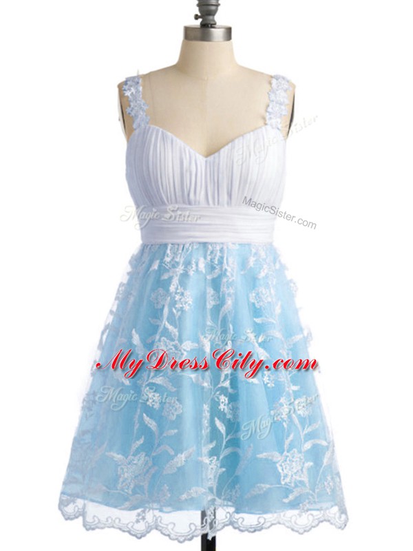 Light Blue Sleeveless Knee Length Lace Lace Up Wedding Guest Dresses