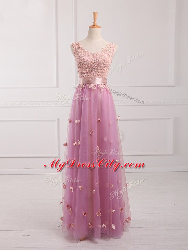 Latest Sleeveless Floor Length Lace and Appliques Lace Up Dama Dress for Quinceanera with Lilac