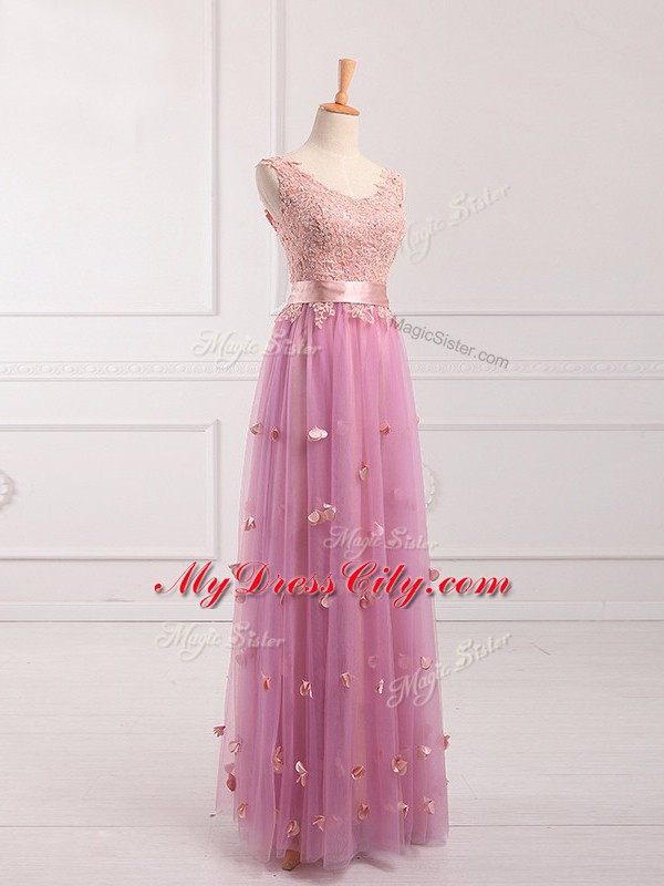 Latest Sleeveless Floor Length Lace and Appliques Lace Up Dama Dress for Quinceanera with Lilac