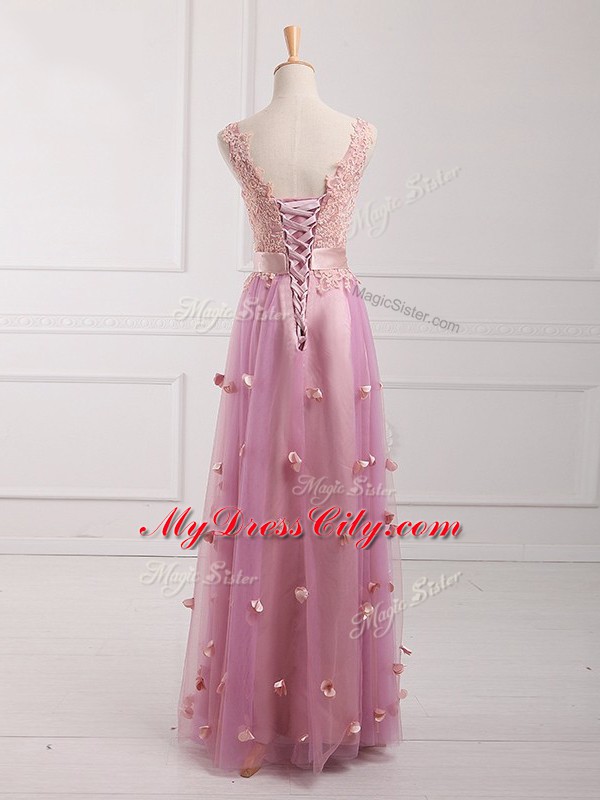 Latest Sleeveless Floor Length Lace and Appliques Lace Up Dama Dress for Quinceanera with Lilac