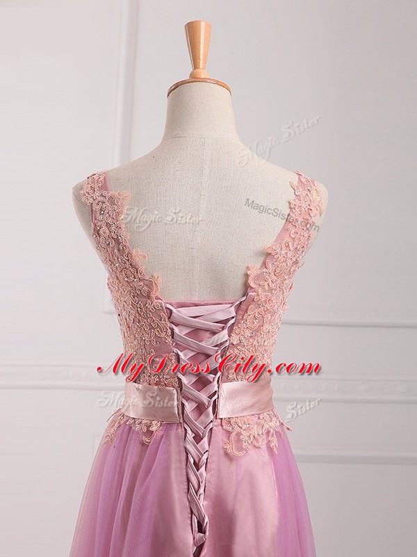 Latest Sleeveless Floor Length Lace and Appliques Lace Up Dama Dress for Quinceanera with Lilac