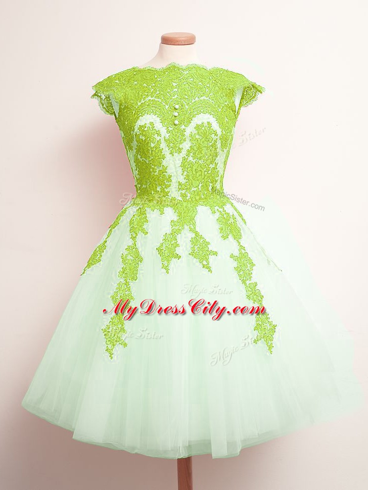 A-line Scalloped Sleeveless Tulle Mini Length Lace Up Appliques Wedding Guest Dresses