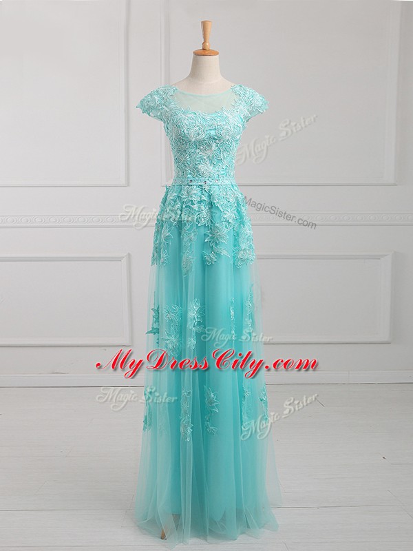 Aqua Blue Short Sleeves Tulle Lace Up Mother of Groom Dress for Prom and Military Ball and Sweet 16