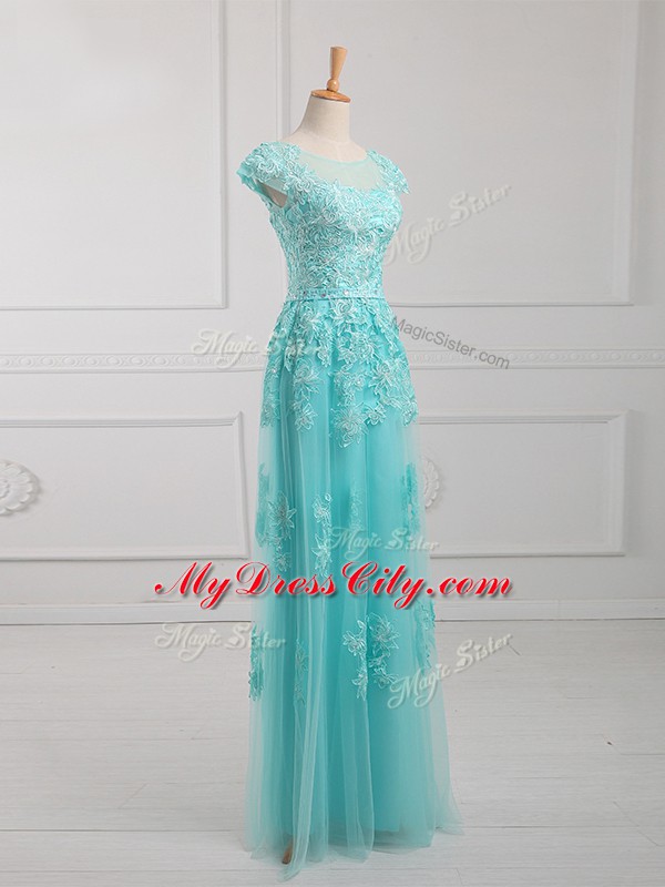 Aqua Blue Short Sleeves Tulle Lace Up Mother of Groom Dress for Prom and Military Ball and Sweet 16