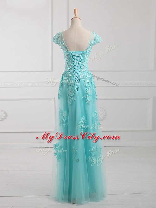 Aqua Blue Short Sleeves Tulle Lace Up Mother of Groom Dress for Prom and Military Ball and Sweet 16