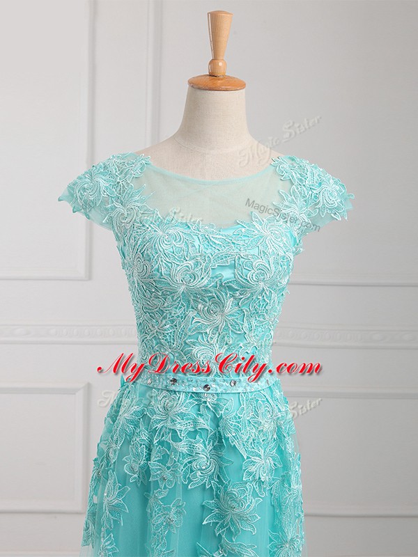 Aqua Blue Short Sleeves Tulle Lace Up Mother of Groom Dress for Prom and Military Ball and Sweet 16