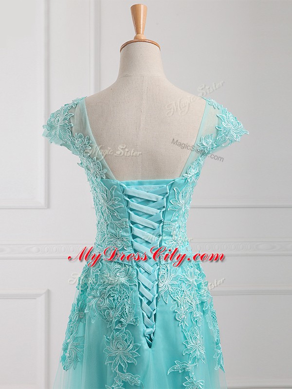 Aqua Blue Short Sleeves Tulle Lace Up Mother of Groom Dress for Prom and Military Ball and Sweet 16