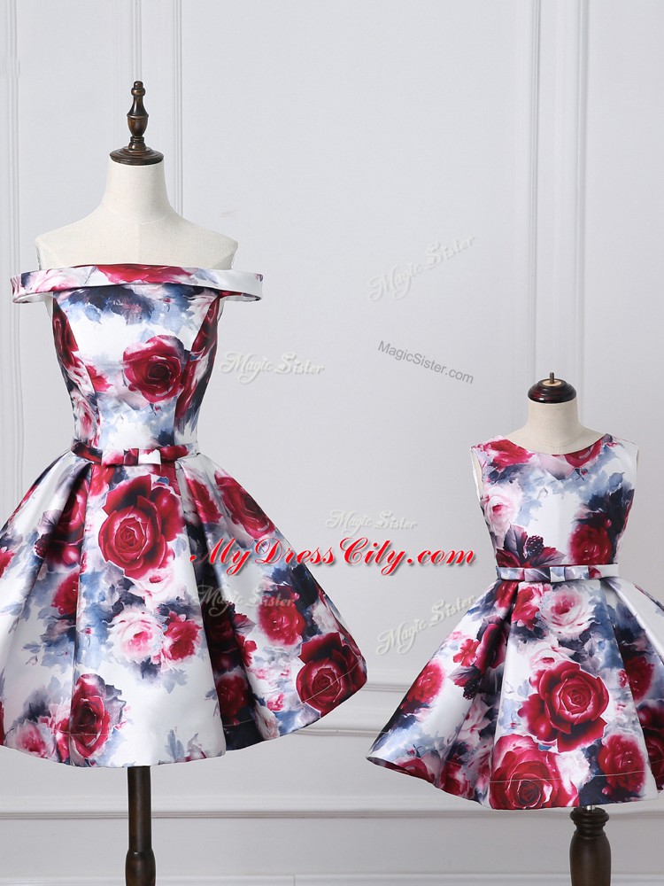 Excellent Mini Length Multi-color Prom Evening Gown Printed Sleeveless Belt