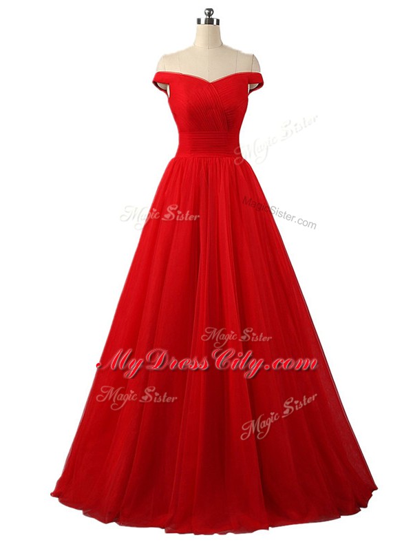 Luxurious Red Off The Shoulder Lace Up Ruching Womens Evening Dresses Sleeveless