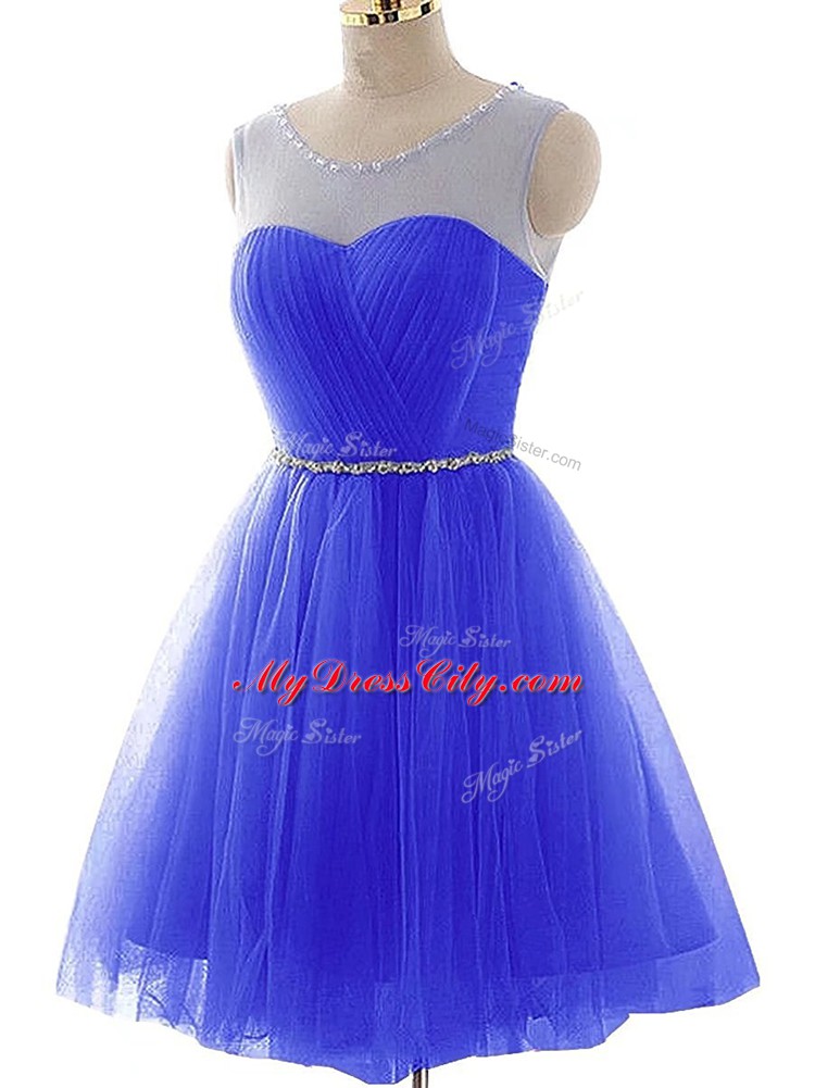 Blue Sleeveless Beading and Ruching Mini Length Homecoming Dress