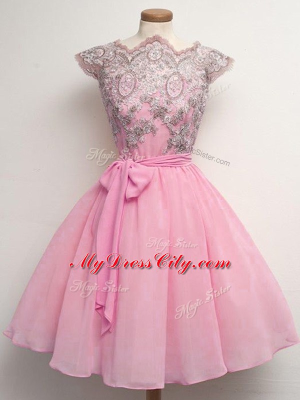 Delicate A-line Bridesmaid Dress Rose Pink Scalloped Chiffon Cap Sleeves Knee Length Lace Up