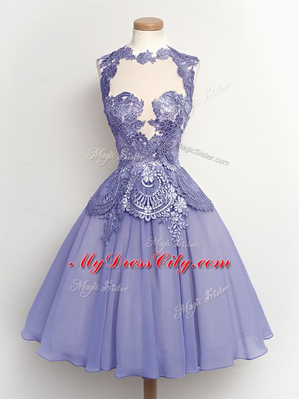 Lilac Lace Up Wedding Guest Dresses Lace Sleeveless Knee Length