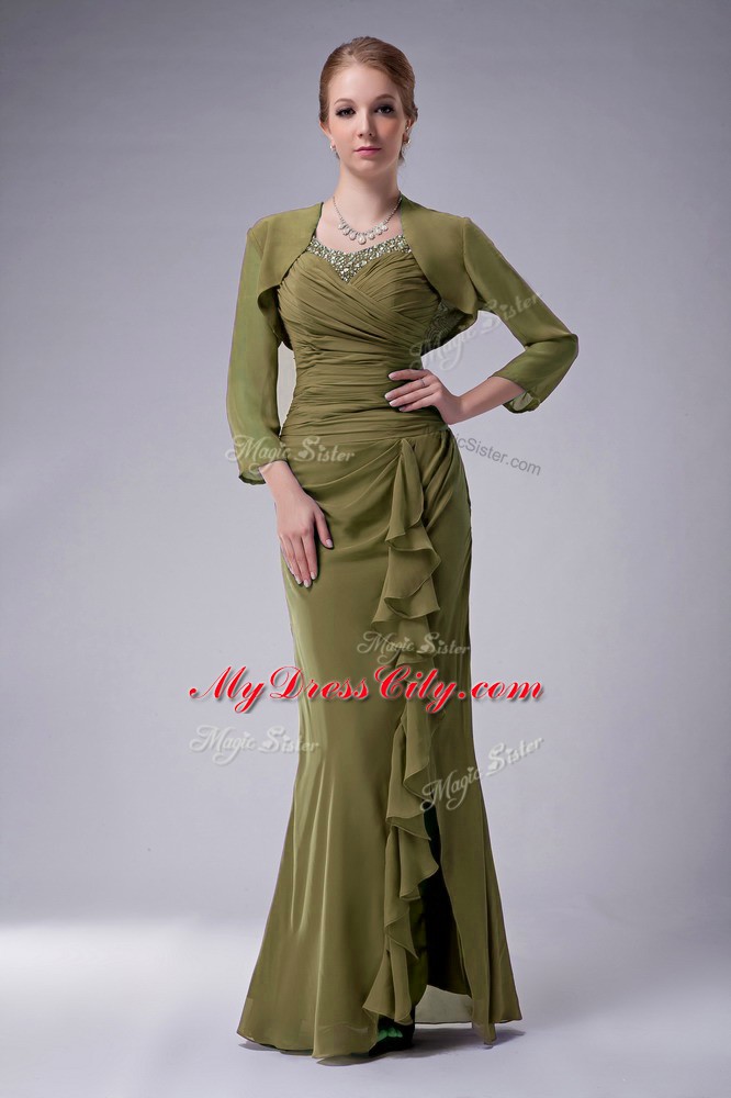 Olive Green Sleeveless Beading Floor Length Mother of Bride Dresses