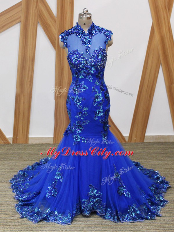 Mermaid Sleeveless Royal Blue Womens Evening Dresses Brush Train Backless