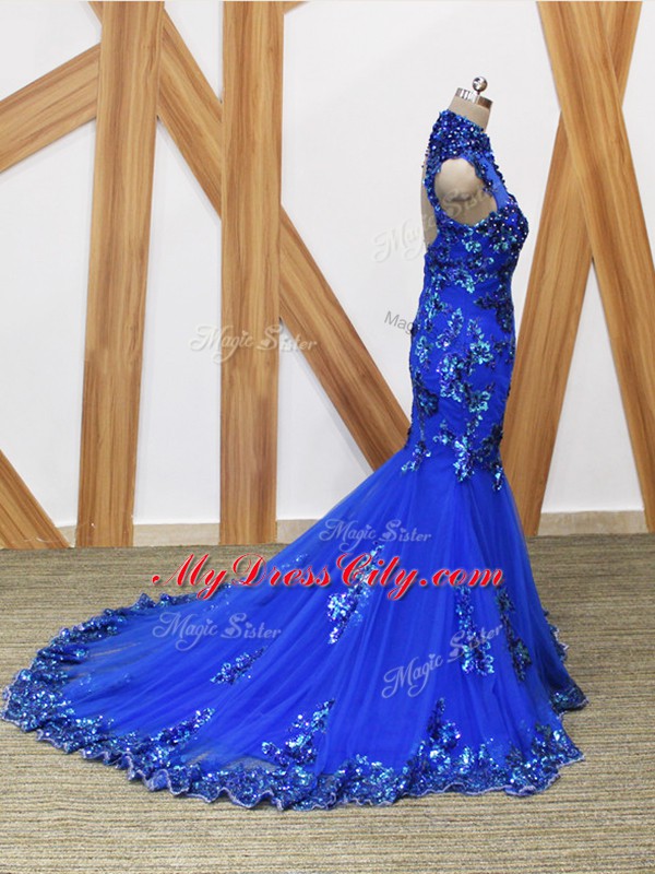 Mermaid Sleeveless Royal Blue Womens Evening Dresses Brush Train Backless