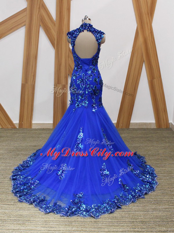 Mermaid Sleeveless Royal Blue Womens Evening Dresses Brush Train Backless