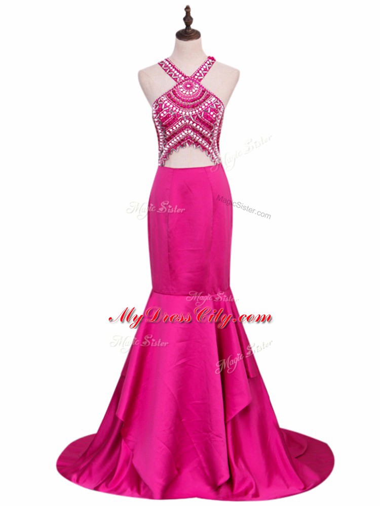 Cute Hot Pink Sleeveless Brush Train Beading Dress Like A Star