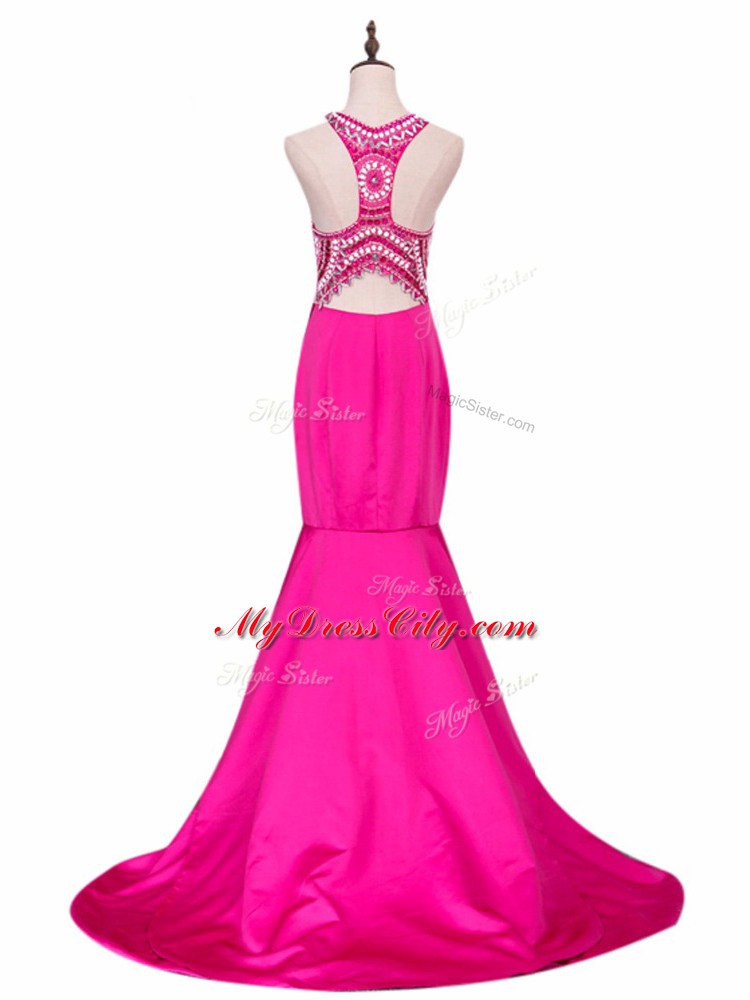 Cute Hot Pink Sleeveless Brush Train Beading Dress Like A Star