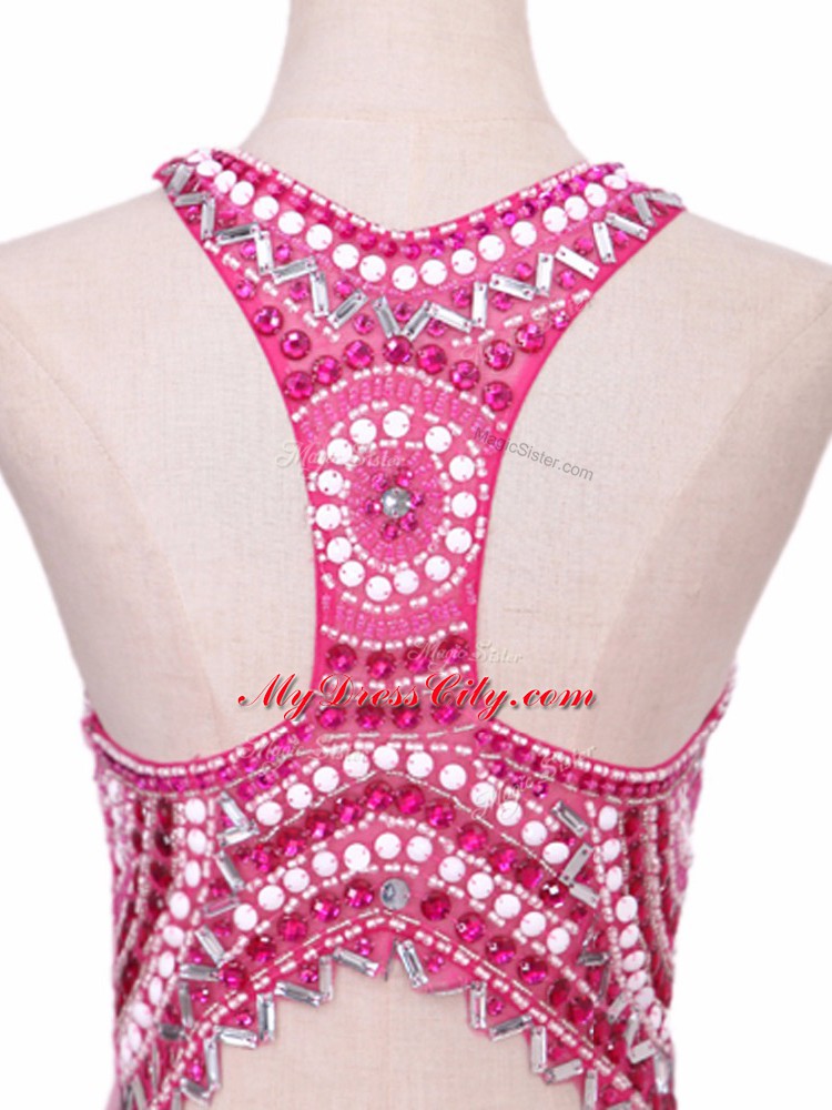 Cute Hot Pink Sleeveless Brush Train Beading Dress Like A Star