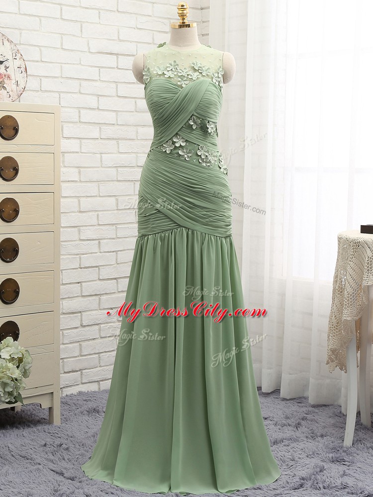 Low Price Olive Green Sleeveless Brush Train Ruching and Hand Made Flower Prom Party Dress