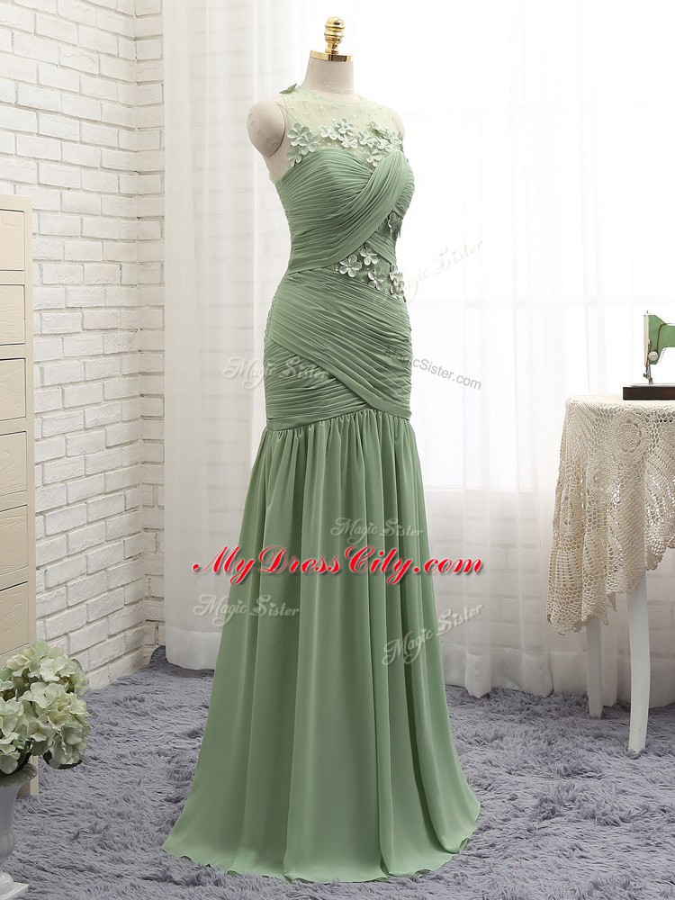 Low Price Olive Green Sleeveless Brush Train Ruching and Hand Made Flower Prom Party Dress