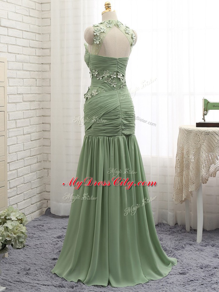 Low Price Olive Green Sleeveless Brush Train Ruching and Hand Made Flower Prom Party Dress