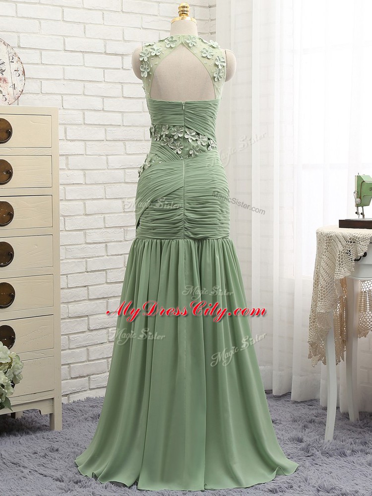 Low Price Olive Green Sleeveless Brush Train Ruching and Hand Made Flower Prom Party Dress