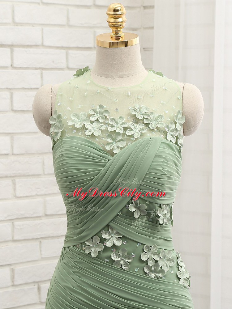 Low Price Olive Green Sleeveless Brush Train Ruching and Hand Made Flower Prom Party Dress