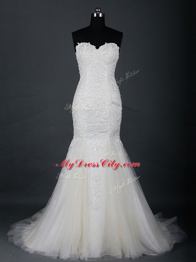 Dazzling White Tulle Zipper Wedding Gowns Sleeveless Brush Train Lace