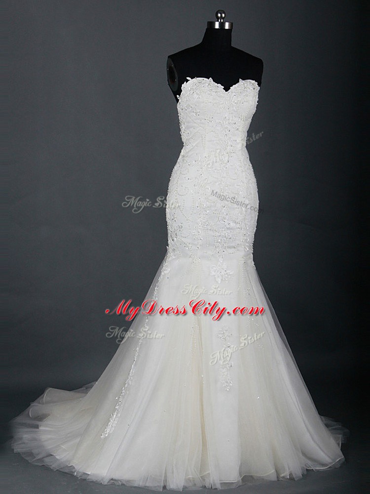 Dazzling White Tulle Zipper Wedding Gowns Sleeveless Brush Train Lace