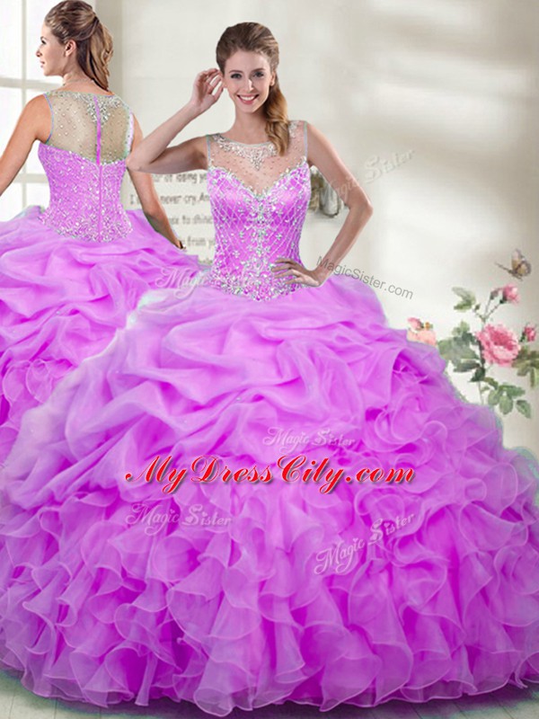 High End Beading and Ruffles Quinceanera Dresses Lilac Zipper Sleeveless Floor Length