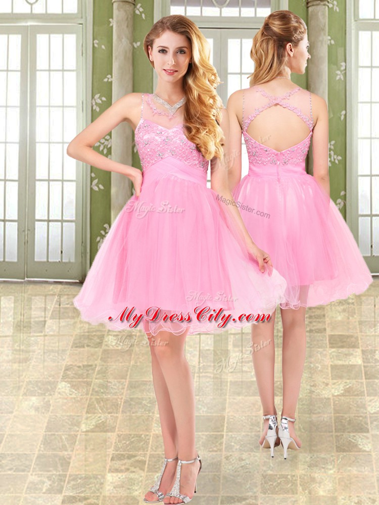 Captivating Pink Sleeveless Mini Length Beading Side Zipper Cocktail Dress