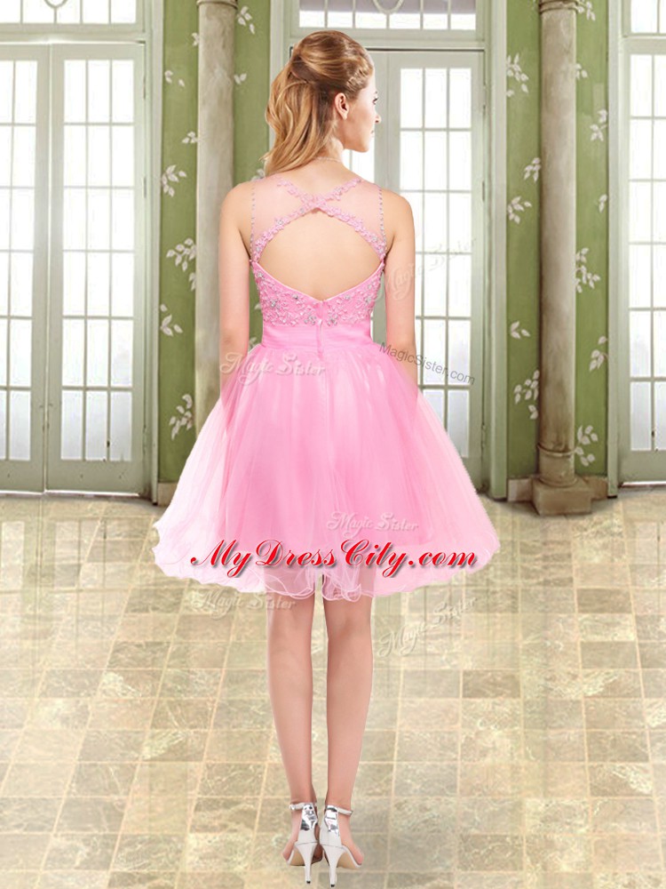 Captivating Pink Sleeveless Mini Length Beading Side Zipper Cocktail Dress