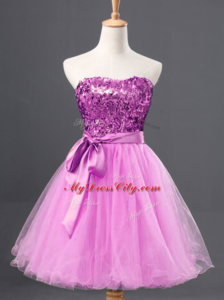 Top Selling Lilac A-line Sweetheart Sleeveless Tulle Mini Length Zipper Sequins Prom Party Dress