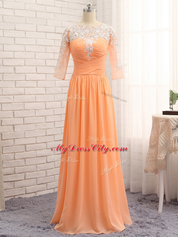 Orange Zipper Bateau Lace and Appliques and Ruching Evening Dress Chiffon Long Sleeves