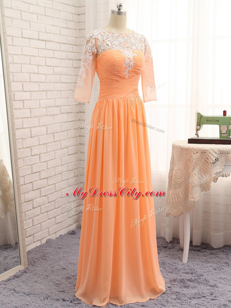 Orange Zipper Bateau Lace and Appliques and Ruching Evening Dress Chiffon Long Sleeves