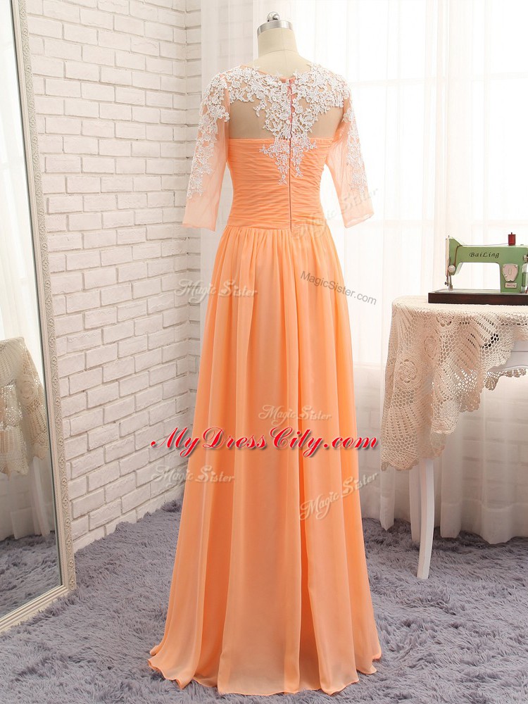 Orange Zipper Bateau Lace and Appliques and Ruching Evening Dress Chiffon Long Sleeves