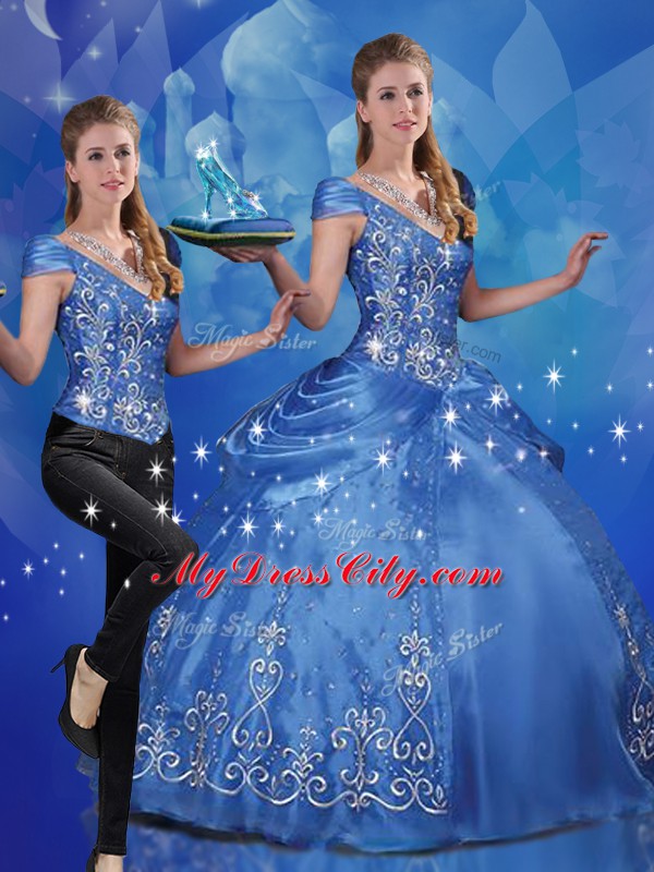 Perfect Floor Length Lace Up Ball Gown Prom Dress Blue for Military Ball and Sweet 16 and Quinceanera with Beading and Embroidery