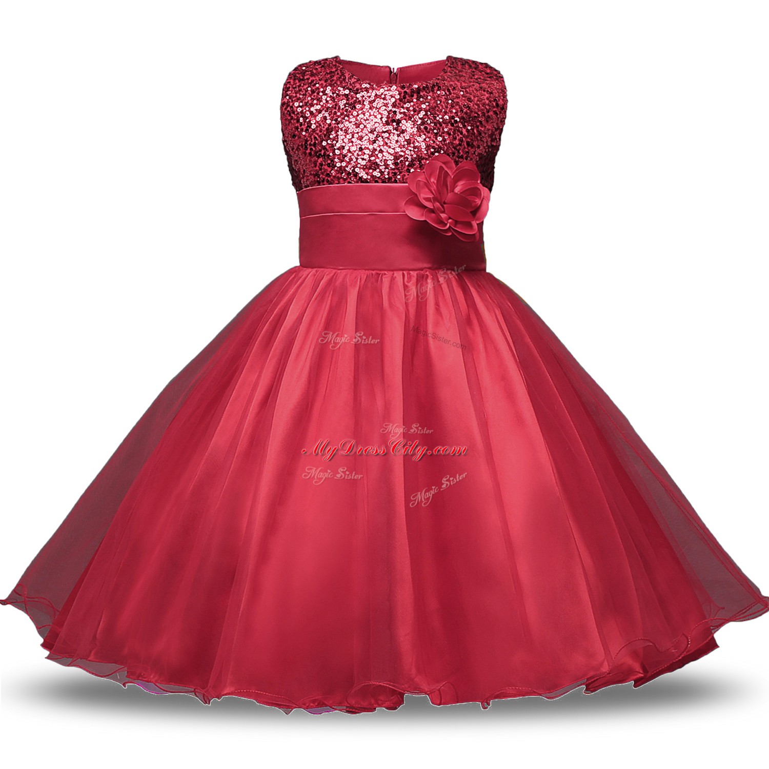 Inexpensive Scoop Sleeveless Zipper Flower Girl Dress Wine Red Organza and Sequined