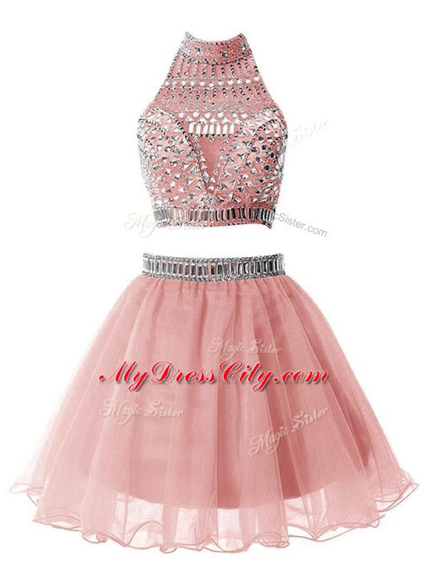 High End High-neck Sleeveless Zipper Wedding Guest Dresses Pink Organza