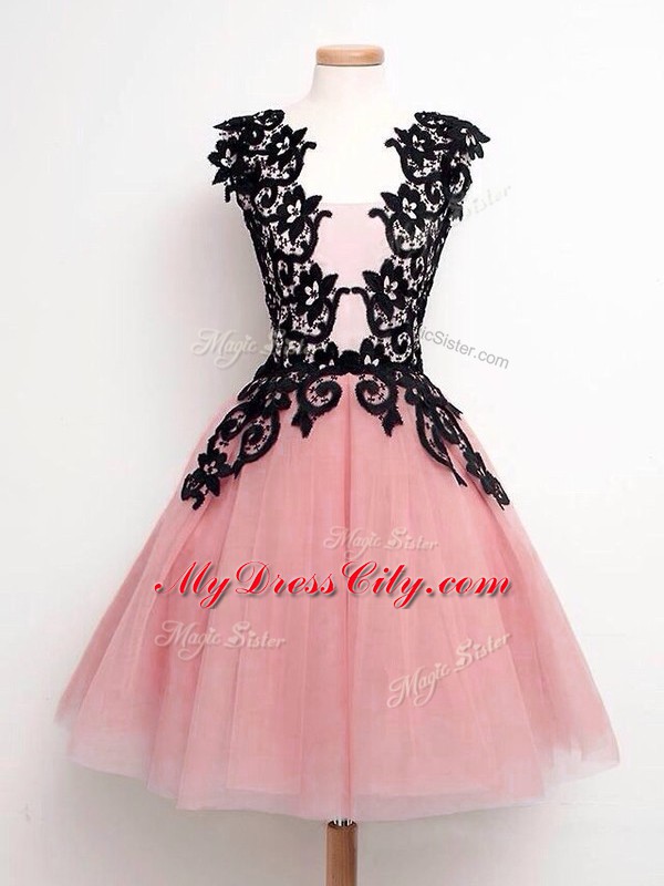 Pink Lace Up Bridesmaid Dress Lace Sleeveless Knee Length