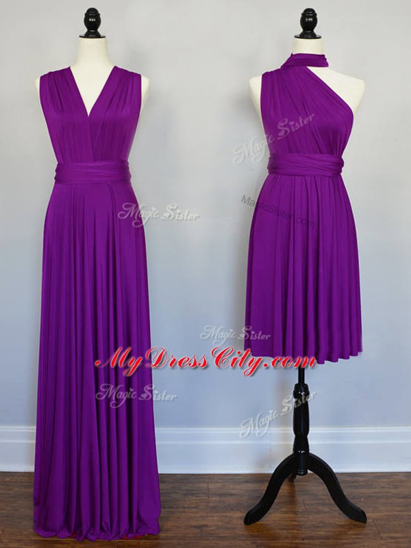 Affordable Purple Chiffon Lace Up Quinceanera Court Dresses Sleeveless Floor Length Beading and Ruching