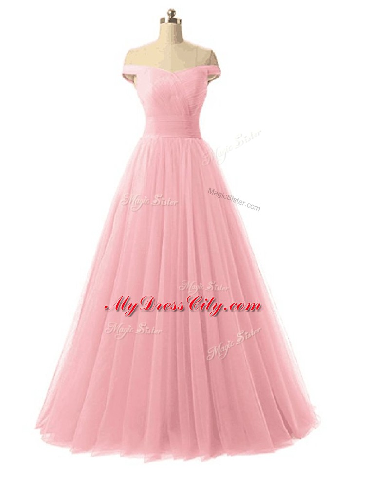 Sleeveless Lace Up Floor Length Ruching Prom Party Dress