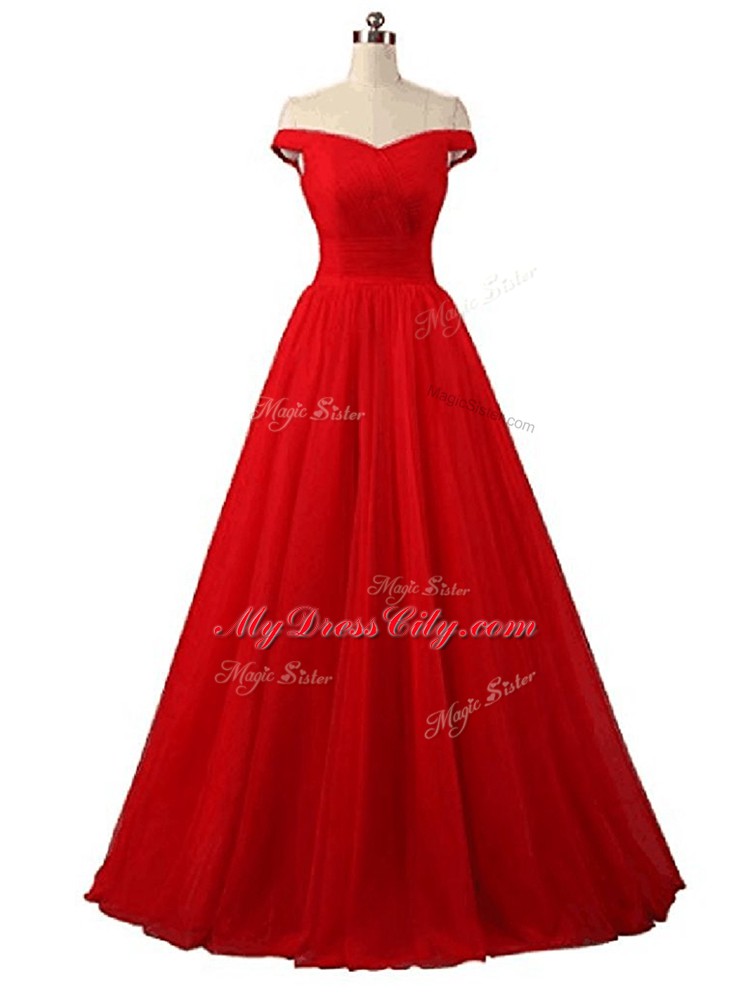 Sleeveless Lace Up Floor Length Ruching Prom Party Dress