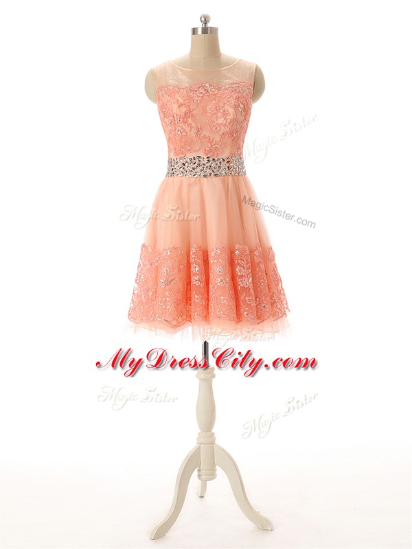 Peach Scoop Neckline Beading and Lace and Appliques Sleeveless Zipper