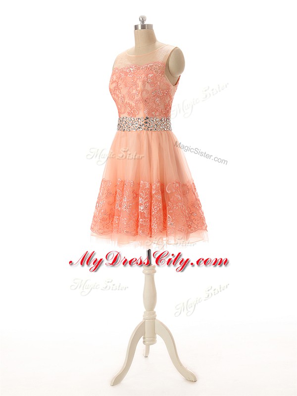 Peach Scoop Neckline Beading and Lace and Appliques Sleeveless Zipper