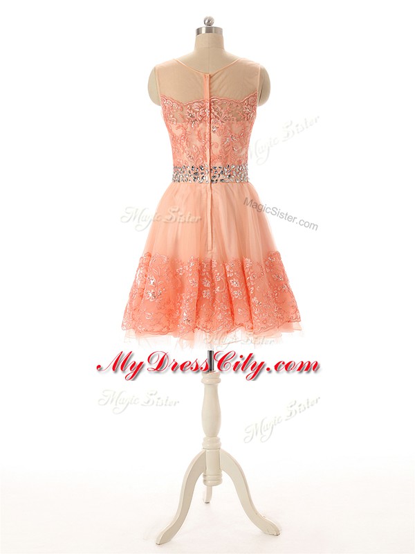 Peach Scoop Neckline Beading and Lace and Appliques Sleeveless Zipper