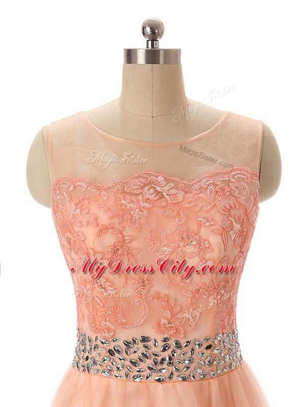 Peach Scoop Neckline Beading and Lace and Appliques Sleeveless Zipper