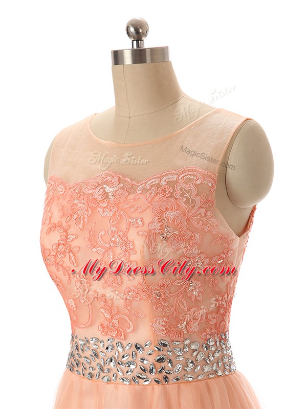 Peach Scoop Neckline Beading and Lace and Appliques Sleeveless Zipper